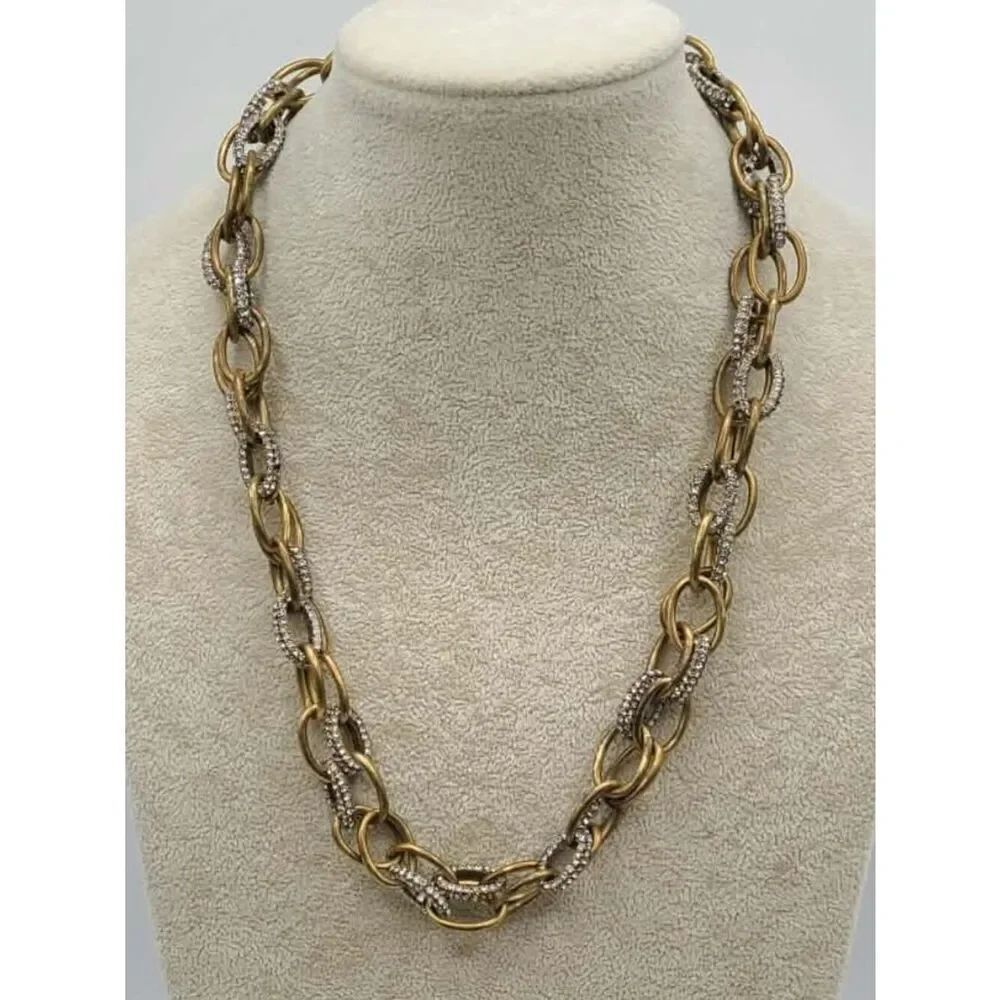 J Crew Vintage Brass Tone Crystal Link Necklace